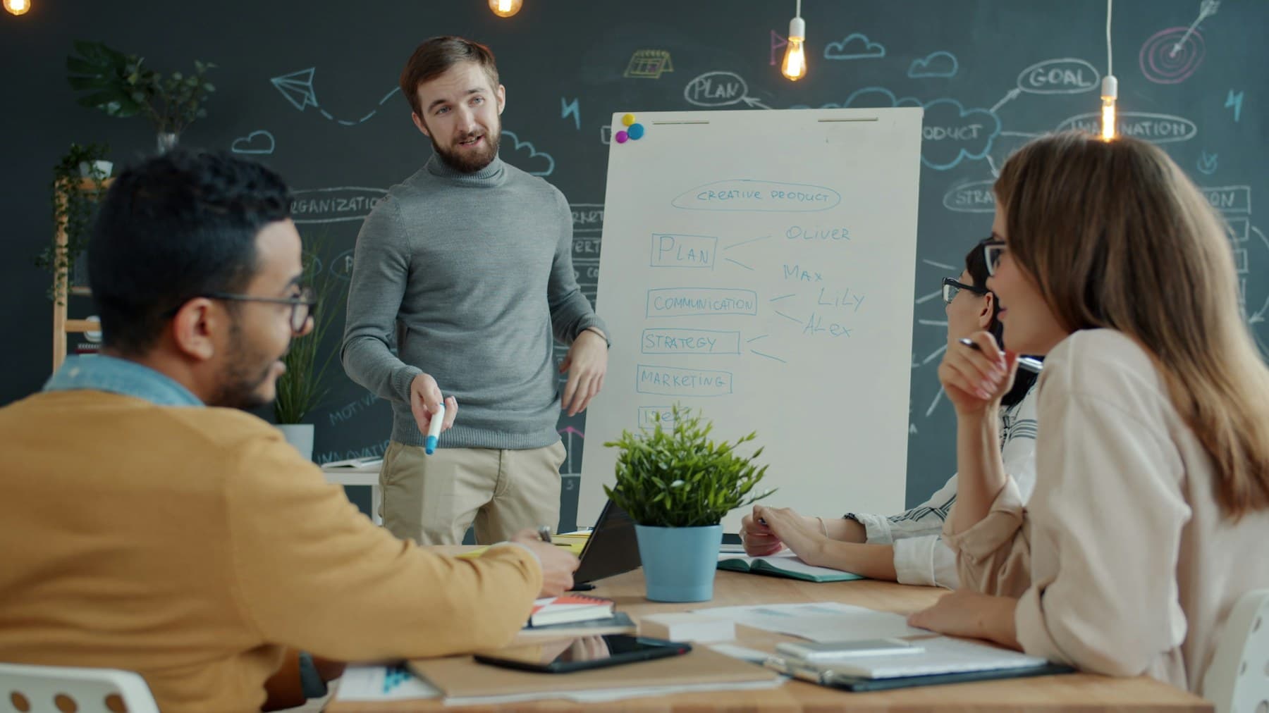 A marketing team discussing strategy around a whiteboard in a creative office